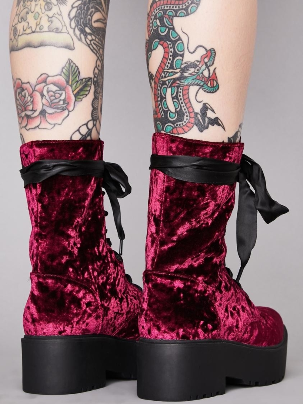 Dolls Kill Burgundy Velvet Lace-Up Platform Boots with Satin Laces - Picture 2 of 7